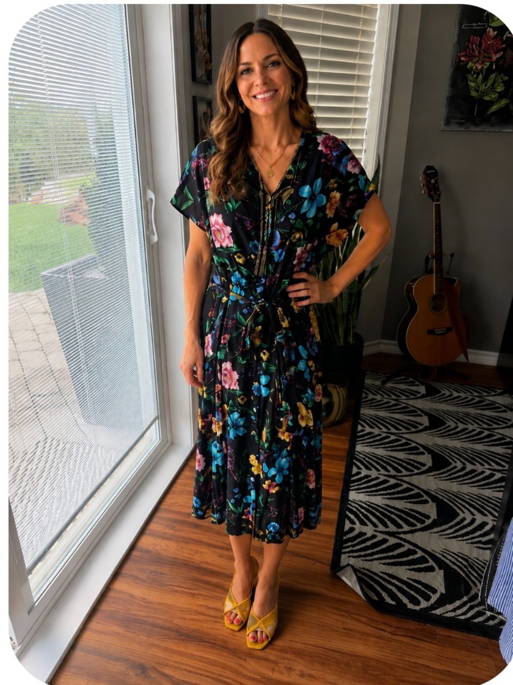 🌺 Japna Black Floral Midi Dress with Pink, Blue & Yellow Blooms.  sz L